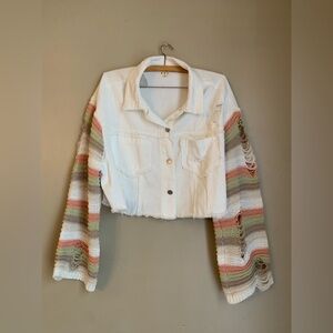 POL white sweater sleeve denim jean Jacket coat distressed boho coastal